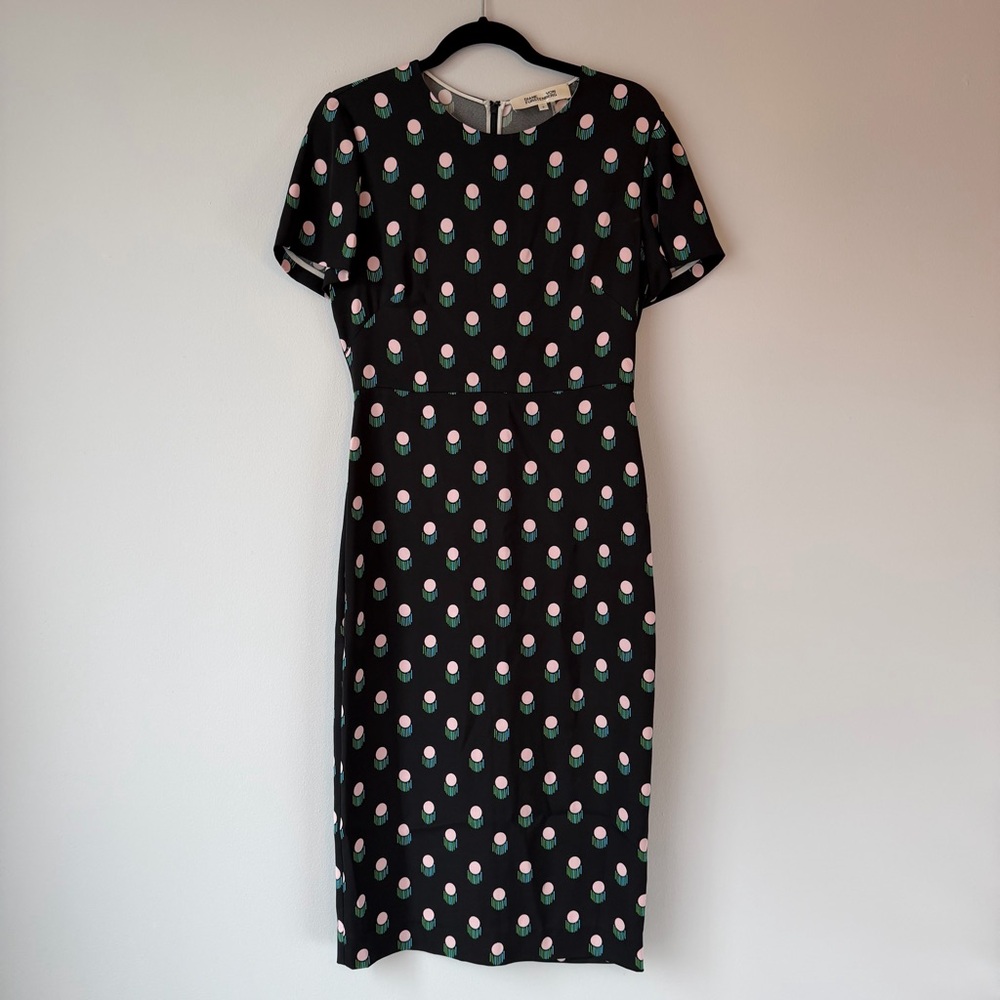 Diane Von Furstenberg Black Dress Silk Blend Casmir Dot Size 8 DVF Career Girly‎